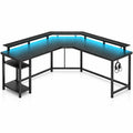 Bureau d'angle réversible avec LED et ports USB, 135 x 135 cm, table ordinateur avec support d'écran et rangement, noir