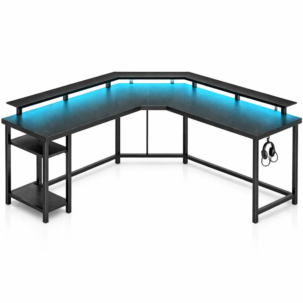 Bureau d'angle réversible avec LED et ports USB, 135 x 135 cm, table ordinateur avec support d'écran et rangement, noir